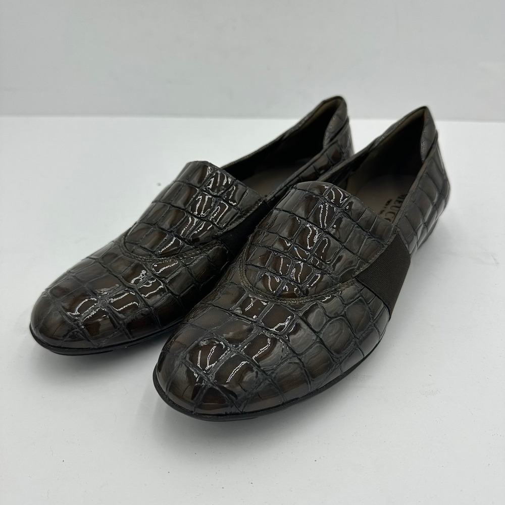 Sesto Meucci Brown Croc Embossed Patent Leather Loafers Italian Hovercraft Sz 9N